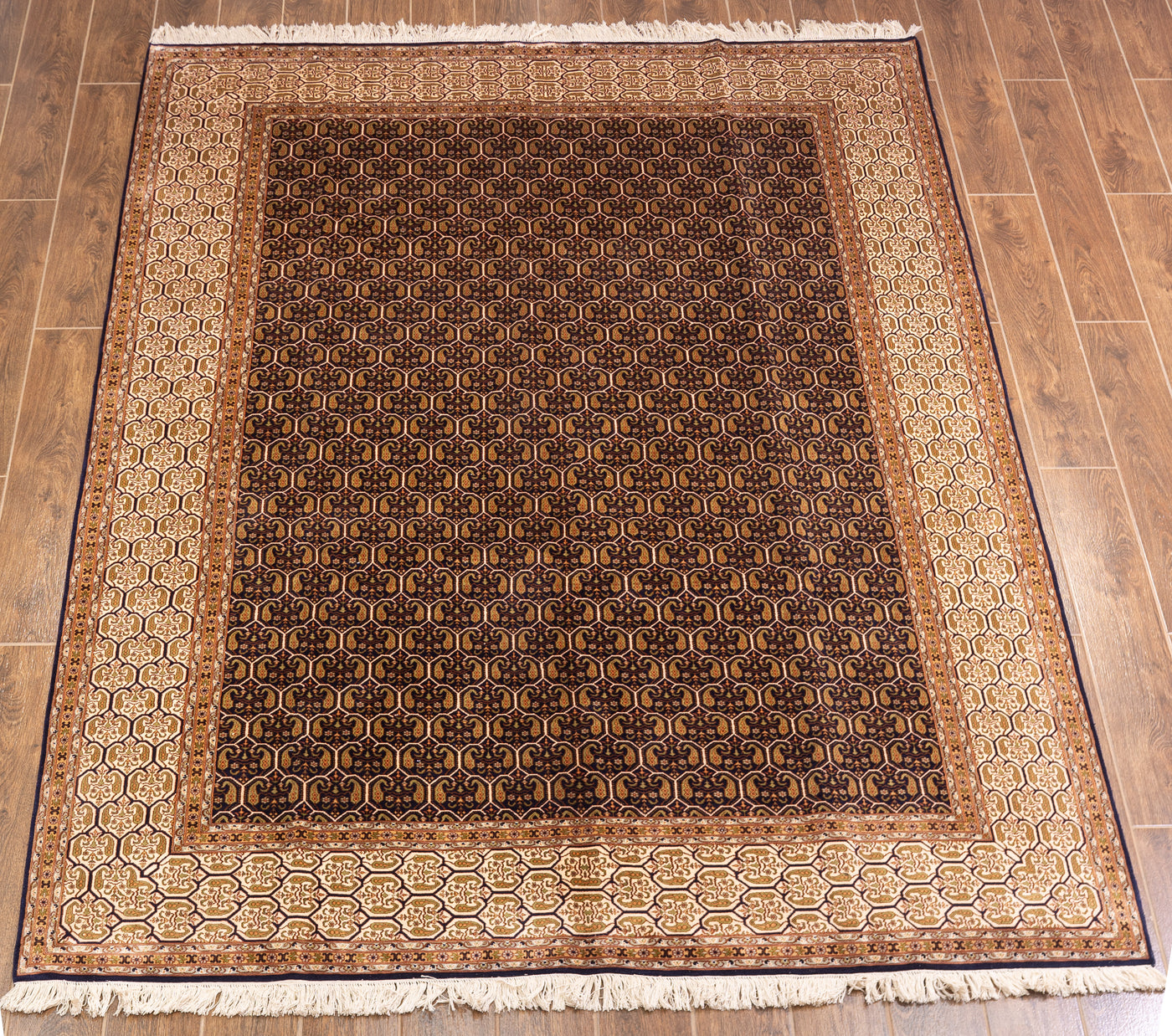 Golden Harmony Geometric Trellis Carpet - Hand Knotted Pure Silk Kashmiri Carpet (9ft * 6ft)