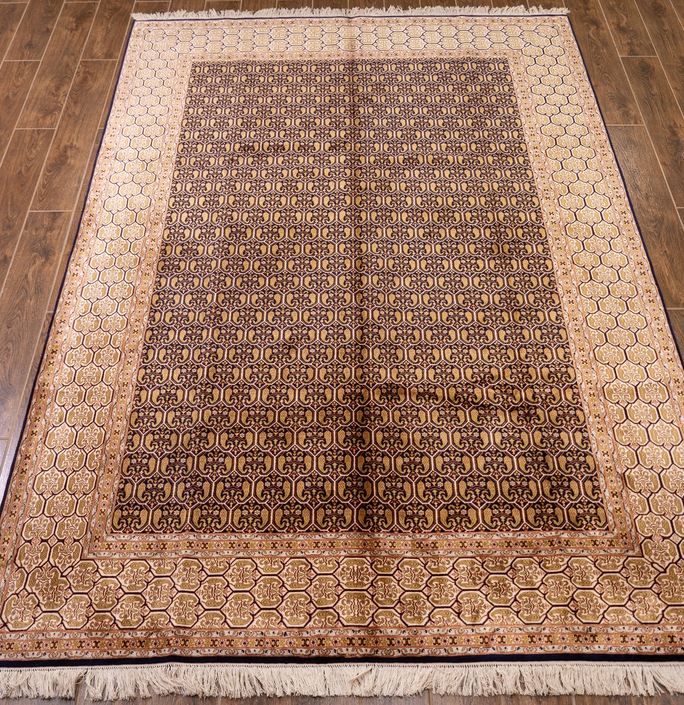 Golden Harmony Geometric Trellis Carpet - Hand Knotted Pure Silk Kashmiri Carpet (9ft * 6ft)