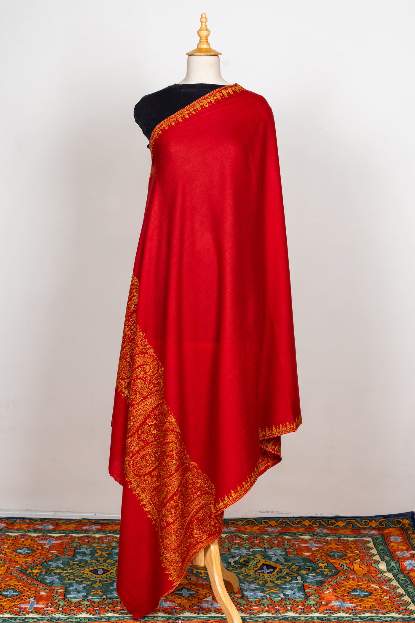Crimson Flame Sozni Hand Embroidered Merino Wool Shawl