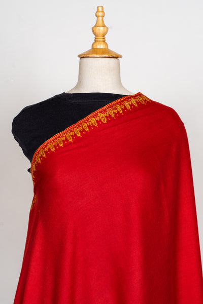 Crimson Flame Sozni Hand Embroidered Merino Wool Shawl