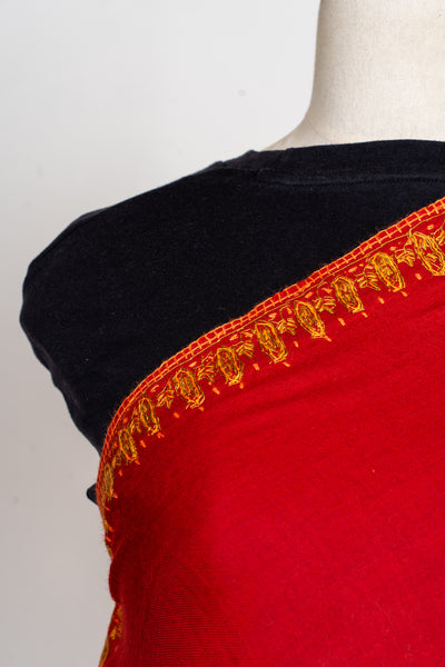 Crimson Flame Sozni Hand Embroidered Merino Wool Shawl