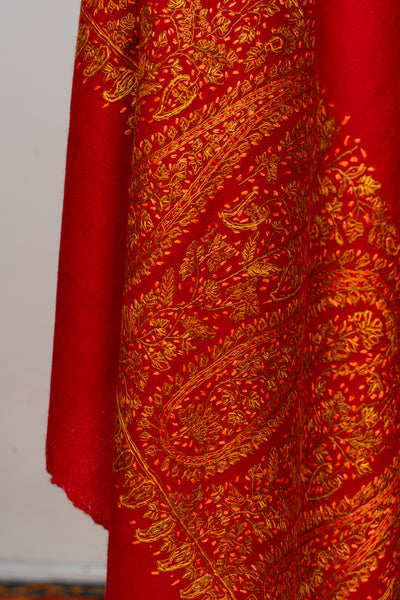 Crimson Flame Sozni Hand Embroidered Merino Wool Shawl