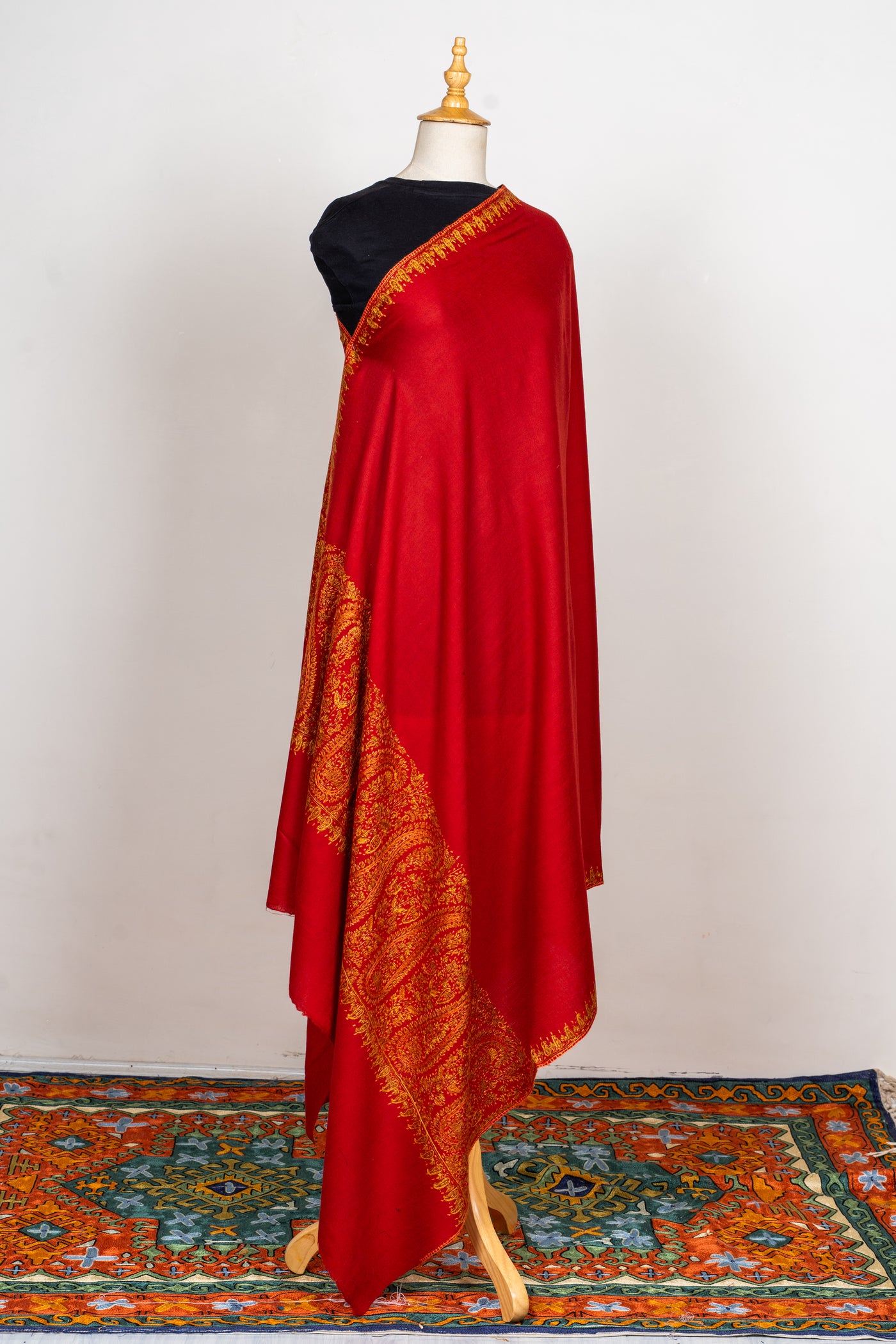 Crimson Flame Sozni Hand Embroidered Merino Wool Shawl