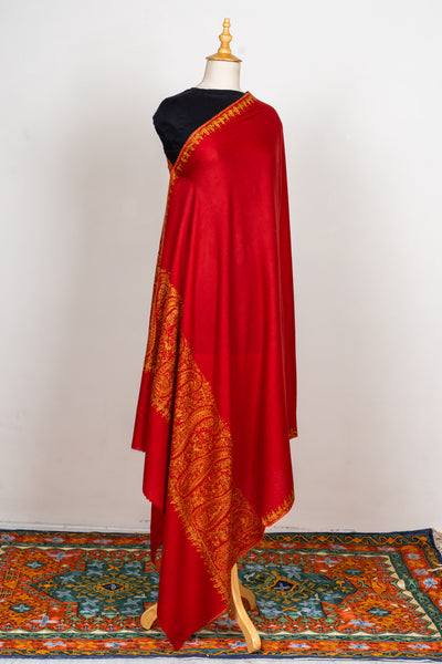Crimson Flame Sozni Hand Embroidered Merino Wool Shawl