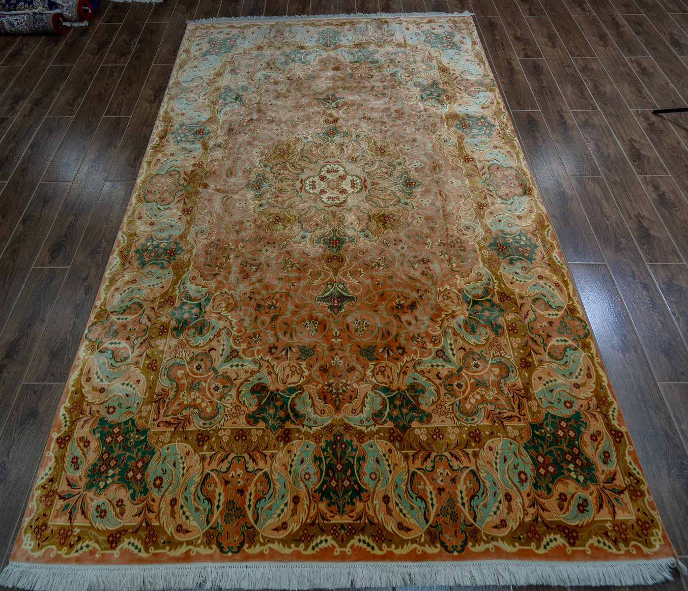 Golden Autumn Splendor Carpet - Hand Knotted Pure Silk Kashmiri Carpet (9ft * 6ft)