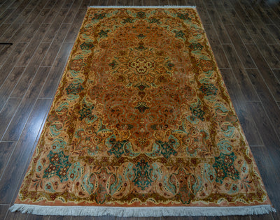 Golden Autumn Splendor Carpet - Hand Knotted Pure Silk Kashmiri Carpet (9ft * 6ft)