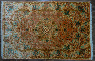 Golden Autumn Splendor Carpet - Hand Knotted Pure Silk Kashmiri Carpet (9ft * 6ft)