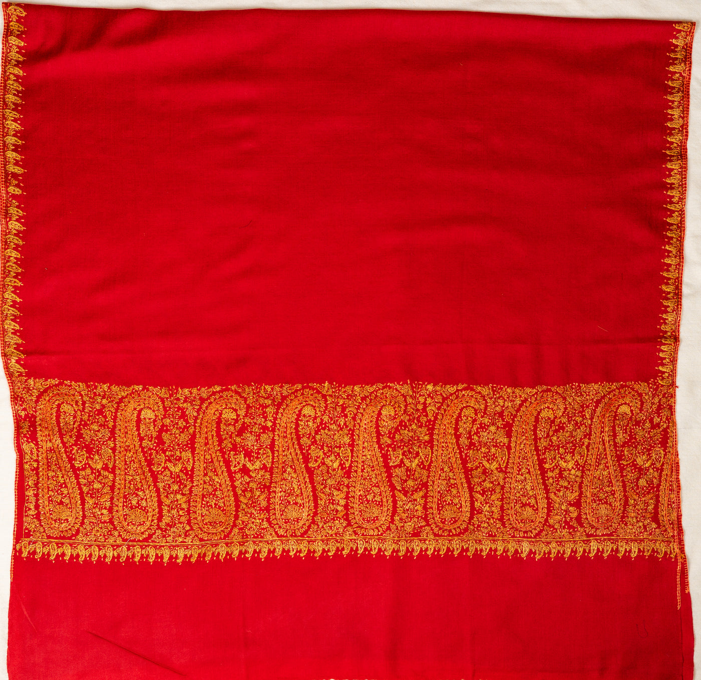Crimson Flame Sozni Hand Embroidered Merino Wool Shawl