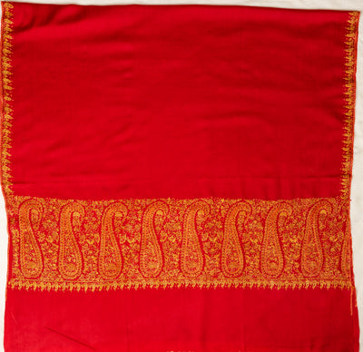 Crimson Flame Sozni Hand Embroidered Merino Wool Shawl