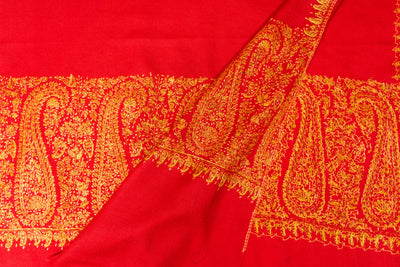 Crimson Flame Sozni Hand Embroidered Merino Wool Shawl