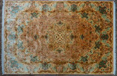 Golden Autumn Splendor Carpet - Hand Knotted Pure Silk Kashmiri Carpet (9ft * 6ft)