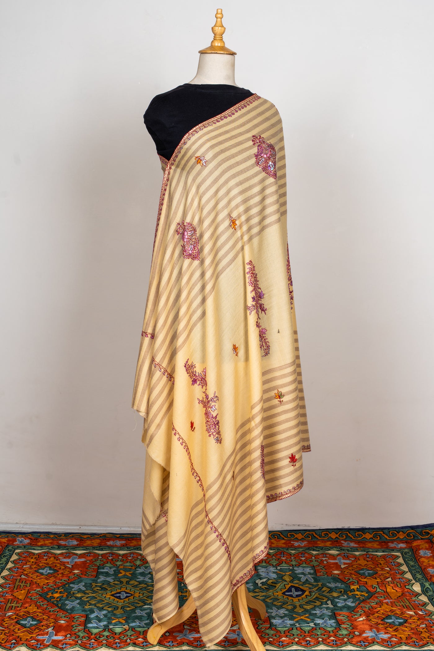 Sozni Hand Embroidered Merino Wool Shawl in Soft Buttercream Stripes