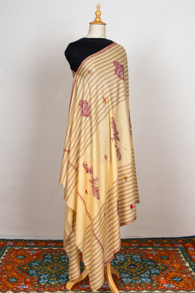 Sozni Hand Embroidered Merino Wool Shawl in Soft Buttercream Stripes