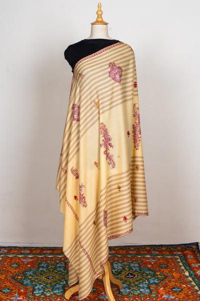 Sozni Hand Embroidered Merino Wool Shawl in Soft Buttercream Stripes
