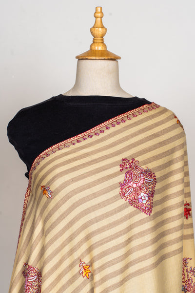 Sozni Hand Embroidered Merino Wool Shawl in Soft Buttercream Stripes
