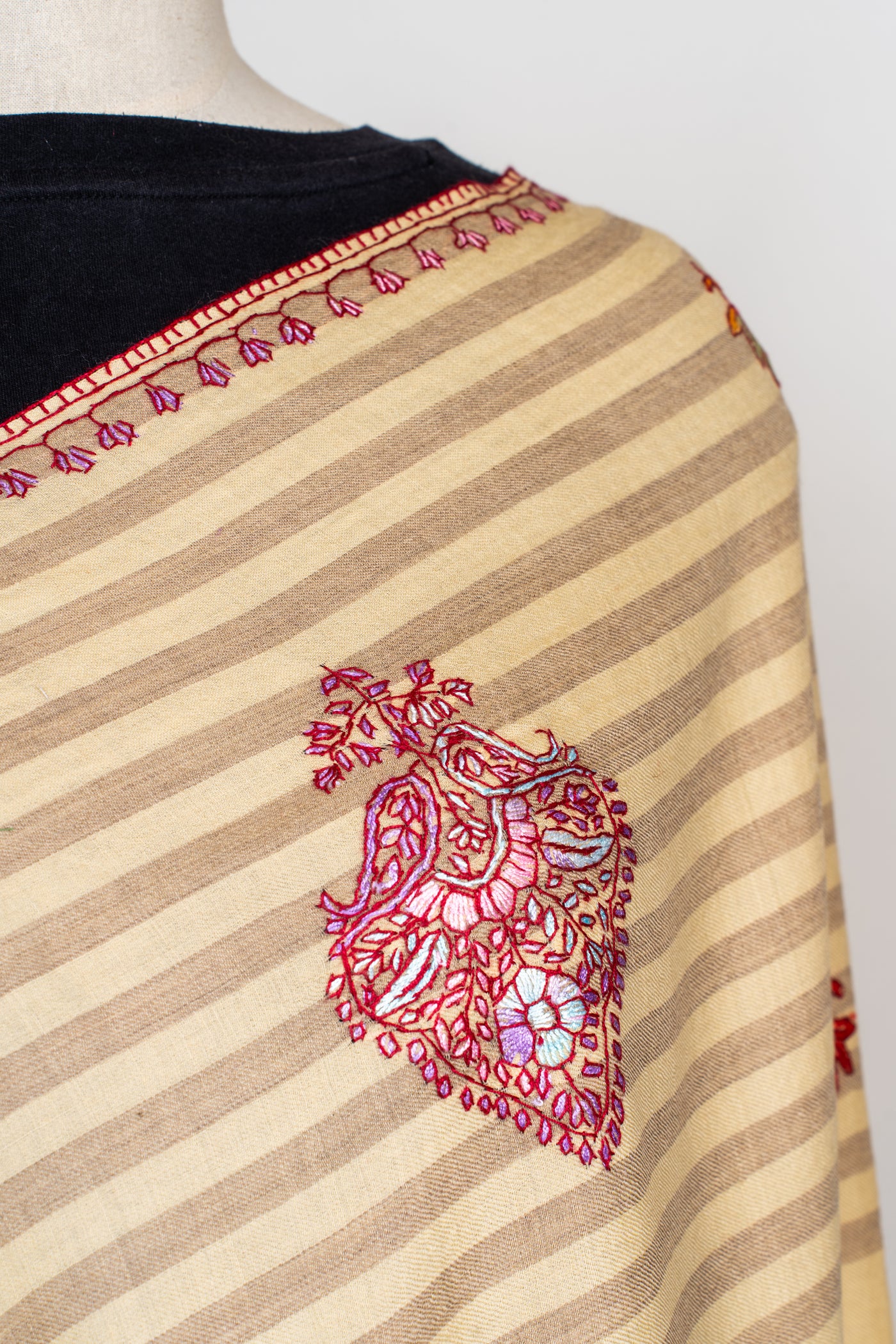 Sozni Hand Embroidered Merino Wool Shawl in Soft Buttercream Stripes