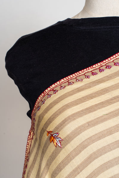 Sozni Hand Embroidered Merino Wool Shawl in Soft Buttercream Stripes