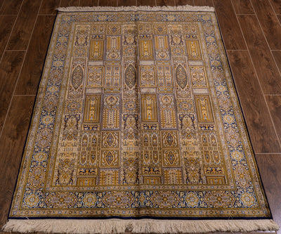 Palatial Gold Trellis Design Carpet - Hand Woven Pure Silk Kashmiri Carpet (4ft * 6ft)