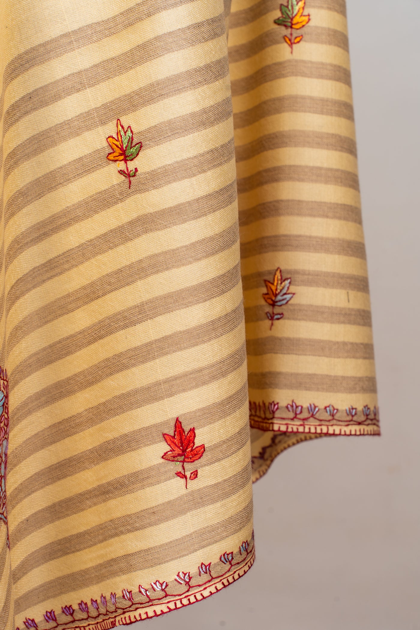 Sozni Hand Embroidered Merino Wool Shawl in Soft Buttercream Stripes