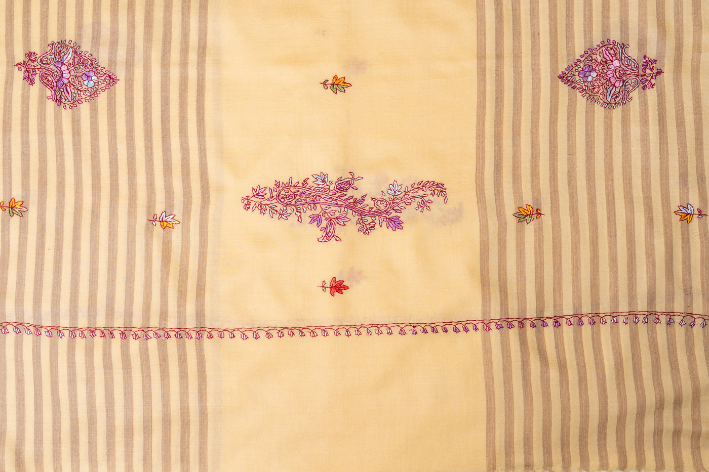 Sozni Hand Embroidered Merino Wool Shawl in Soft Buttercream Stripes
