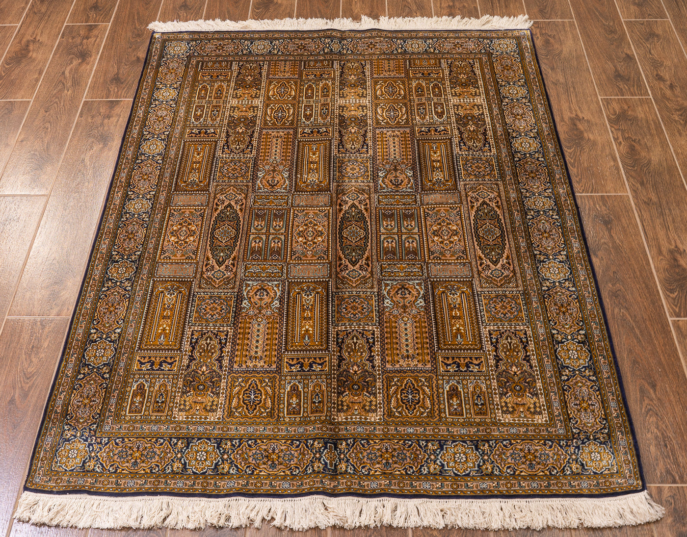 Palatial Gold Trellis Design Carpet - Hand Woven Pure Silk Kashmiri Carpet (4ft * 6ft)