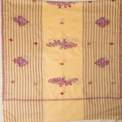 Sozni Hand Embroidered Merino Wool Shawl in Soft Buttercream Stripes