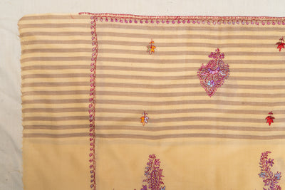 Sozni Hand Embroidered Merino Wool Shawl in Soft Buttercream Stripes