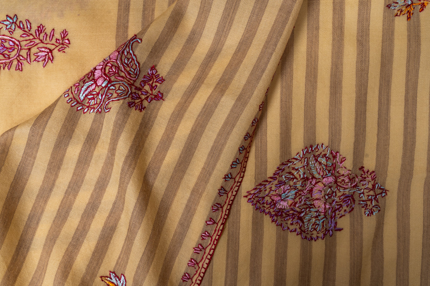 Sozni Hand Embroidered Merino Wool Shawl in Soft Buttercream Stripes