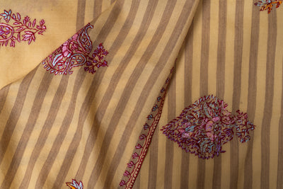 Sozni Hand Embroidered Merino Wool Shawl in Soft Buttercream Stripes