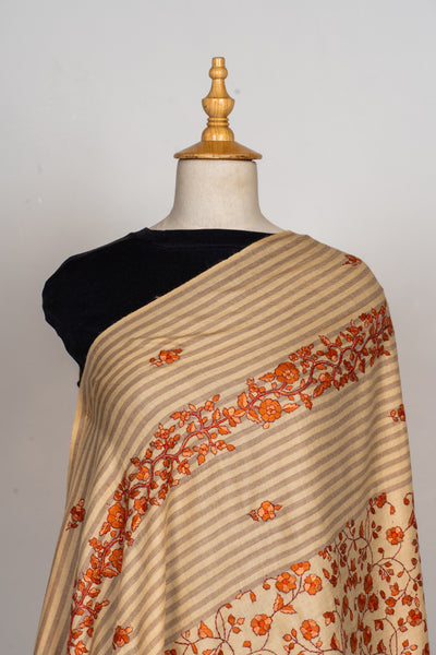 Tangerine Blossom Sozni Hand Embroidered Merino Wool Shawl