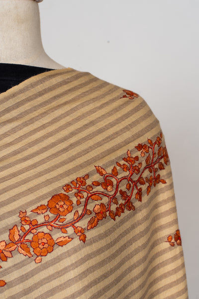 Tangerine Blossom Sozni Hand Embroidered Merino Wool Shawl