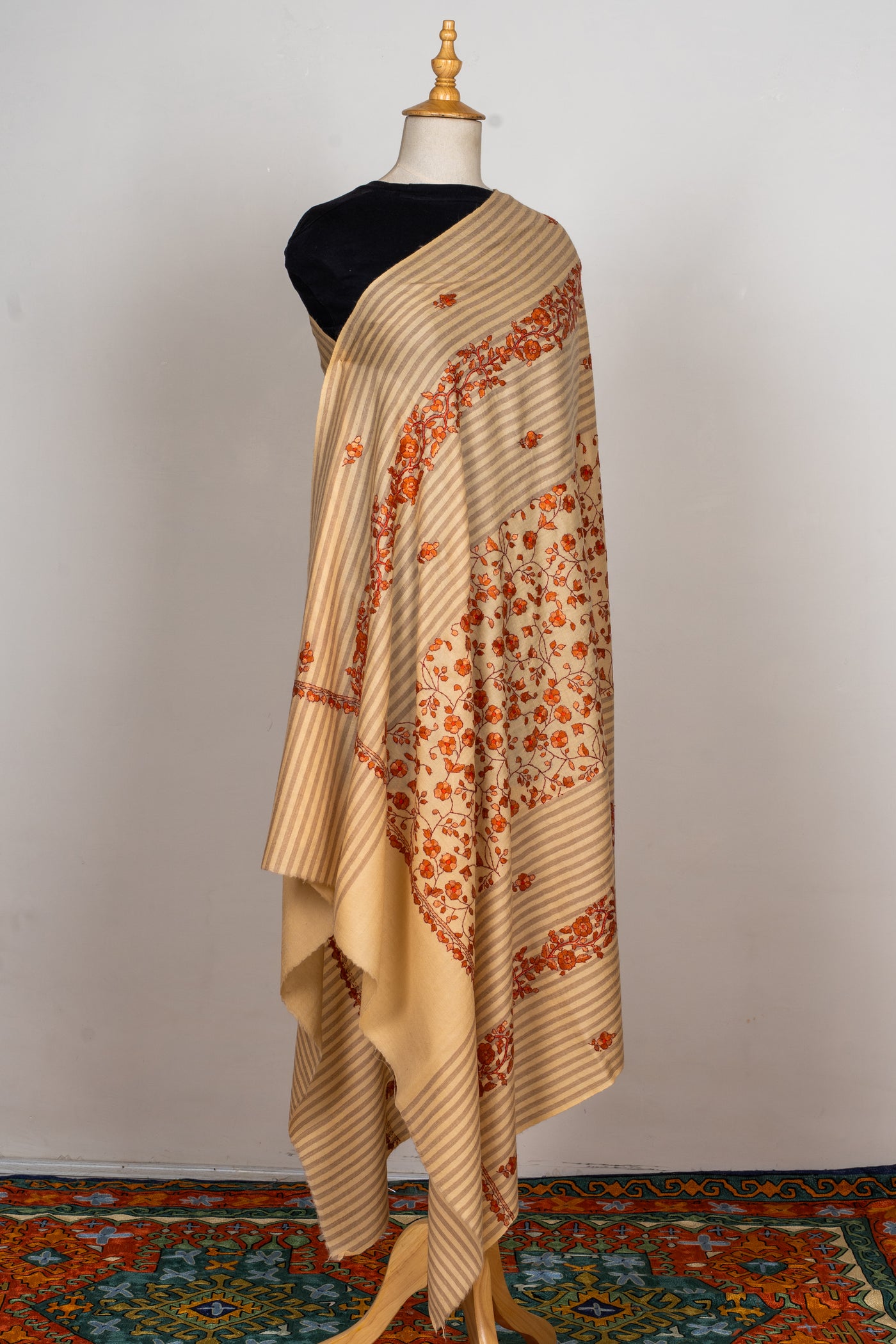 Tangerine Blossom Sozni Hand Embroidered Merino Wool Shawl