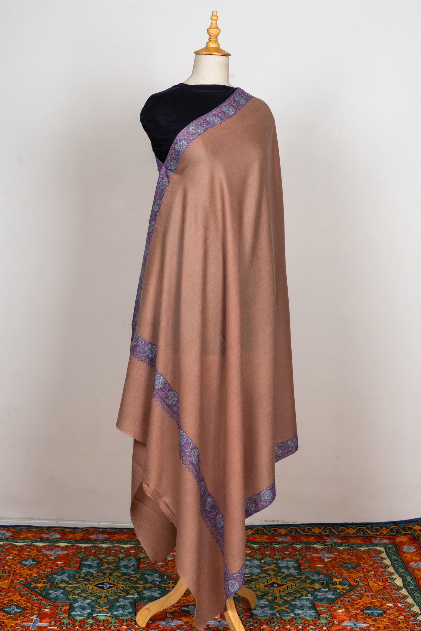 Chestnut Glow Sozni Hand Embroidered Merino Wool Shawl