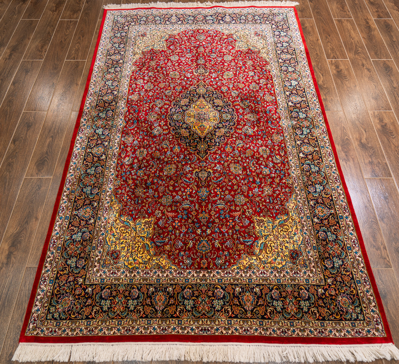 Crimson Elegance Floral Carpet - Hand Knotted Pure Silk Kashmiri Carpet (7.5ft * 5ft)