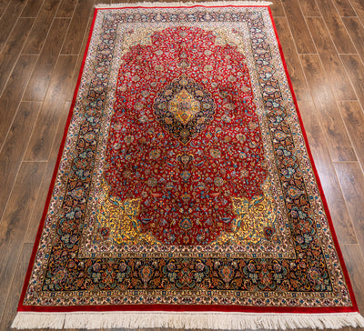 Crimson Elegance Floral Carpet - Hand Knotted Pure Silk Kashmiri Carpet (7.5ft * 5ft)