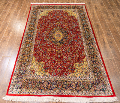 Crimson Elegance Floral Carpet - Hand Knotted Pure Silk Kashmiri Carpet (7.5ft * 5ft)