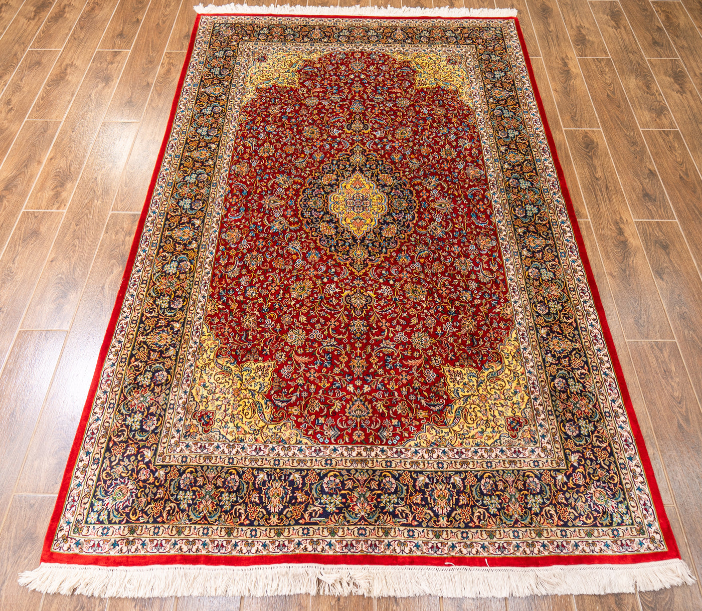 Crimson Elegance Floral Carpet - Hand Knotted Pure Silk Kashmiri Carpet (7.5ft * 5ft)