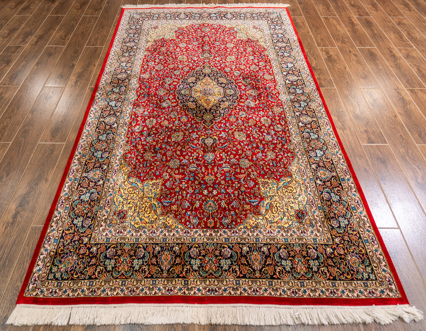 Crimson Elegance Floral Carpet - Hand Knotted Pure Silk Kashmiri Carpet (7.5ft * 5ft)