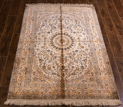 Golden Floral Harmony Carpet - Hand Knotted Pure Silk Kashmiri Carpet (6ft * 4ft)