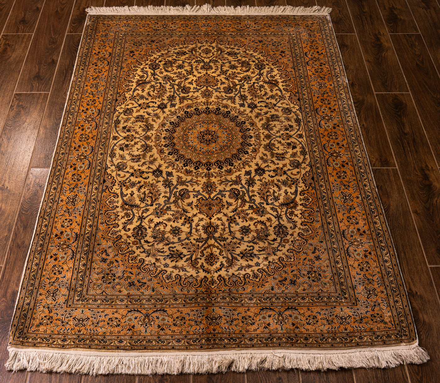 Golden Floral Harmony Carpet - Hand Knotted Pure Silk Kashmiri Carpet (6ft * 4ft)