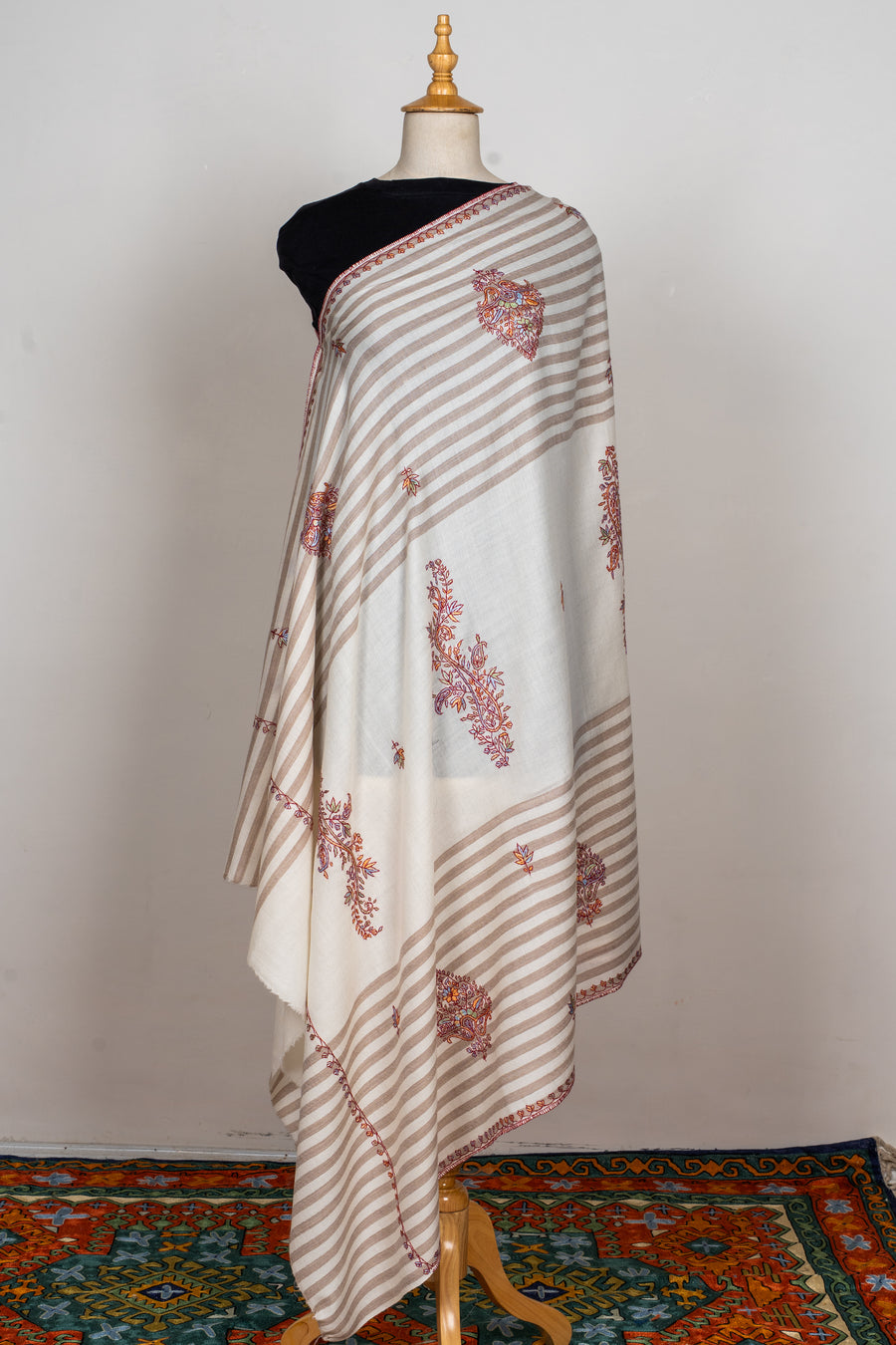 Winter Ivory Sozni Hand Embroidered Merino Wool Shawl