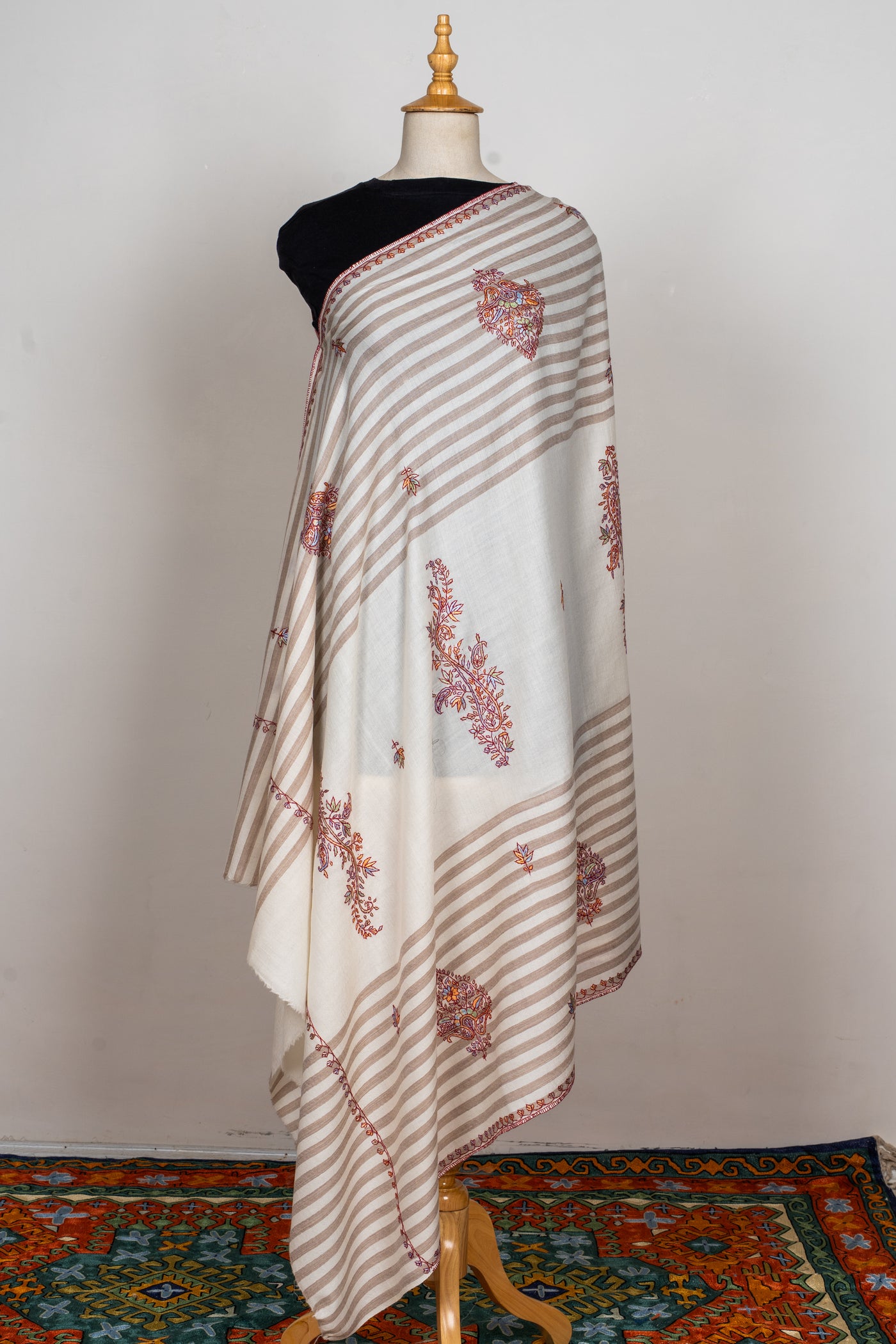 Winter Ivory Sozni Hand Embroidered Merino Wool Shawl