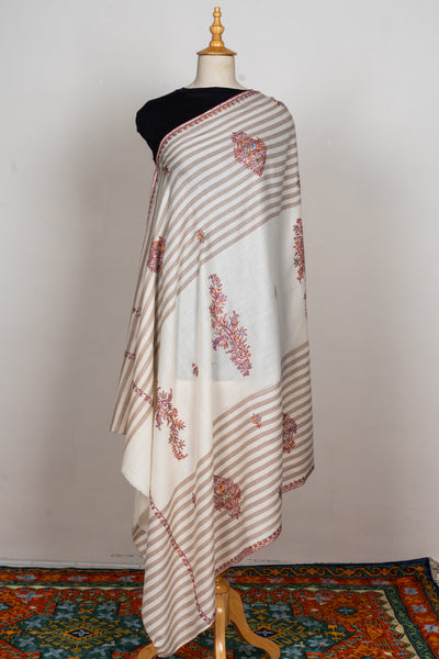 Winter Ivory Sozni Hand Embroidered Merino Wool Shawl