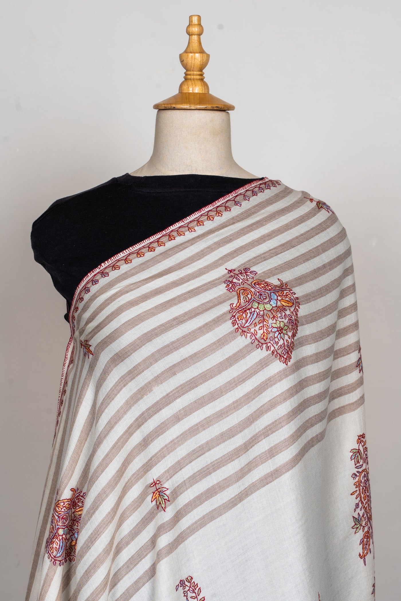 Winter Ivory Sozni Hand Embroidered Merino Wool Shawl