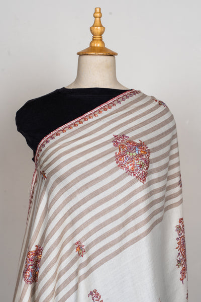 Winter Ivory Sozni Hand Embroidered Merino Wool Shawl