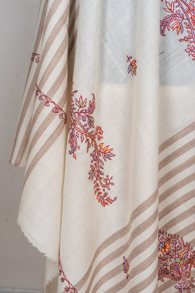Winter Ivory Sozni Hand Embroidered Merino Wool Shawl