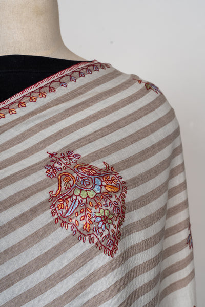 Winter Ivory Sozni Hand Embroidered Merino Wool Shawl