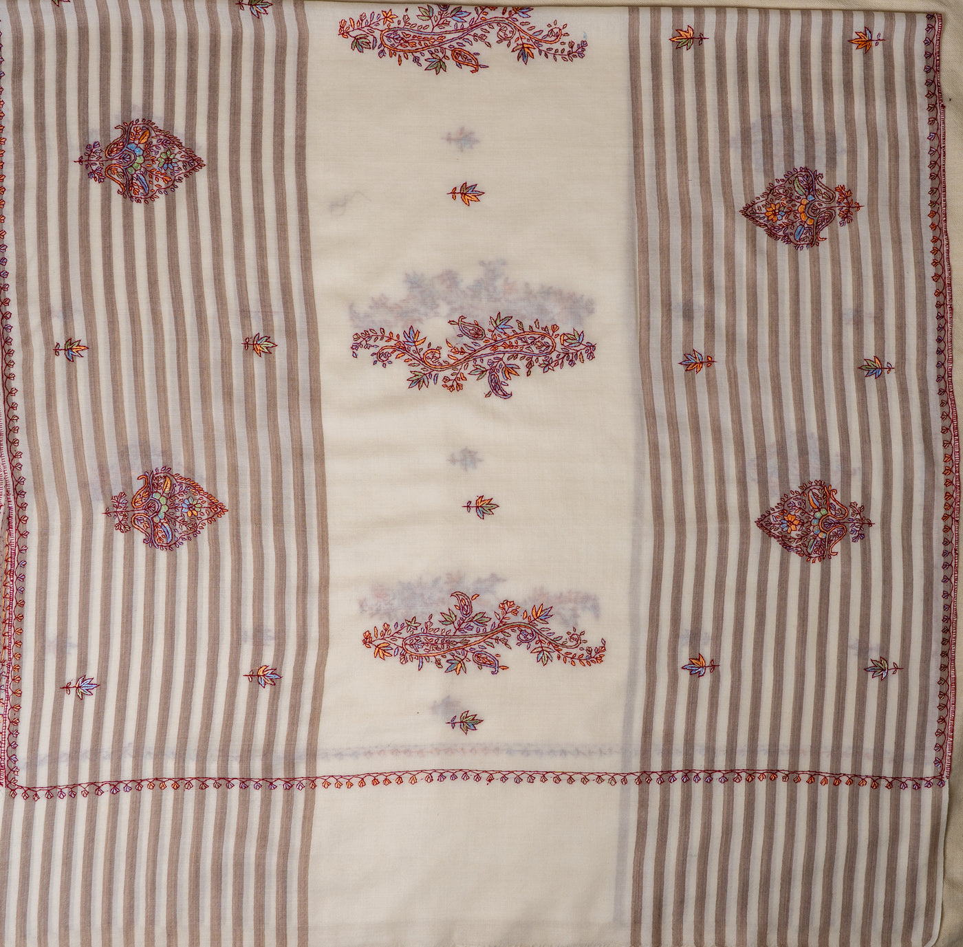 Winter Ivory Sozni Hand Embroidered Merino Wool Shawl