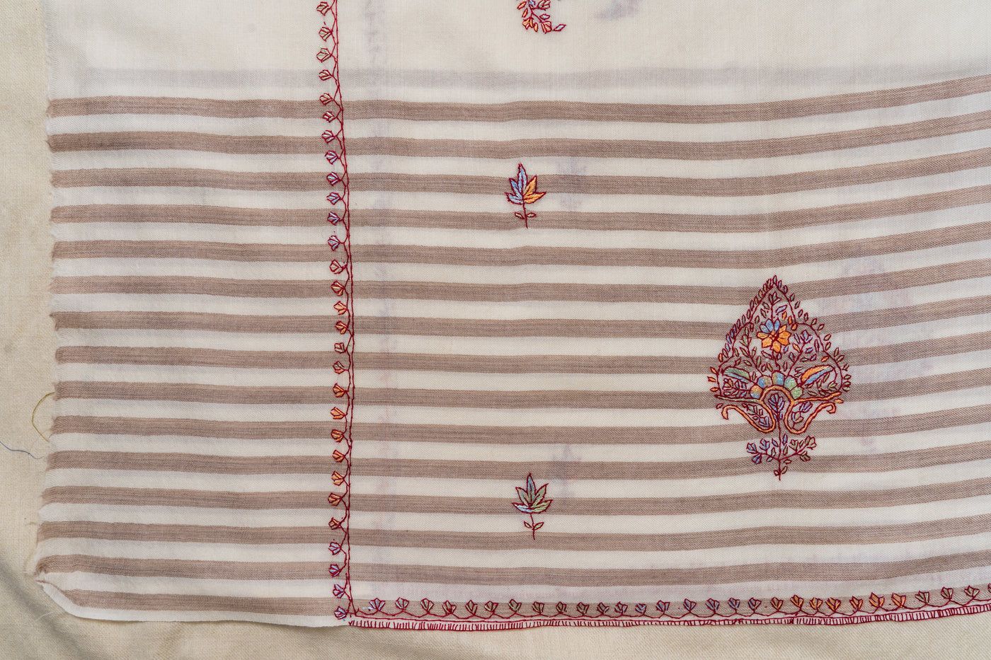 Winter Ivory Sozni Hand Embroidered Merino Wool Shawl