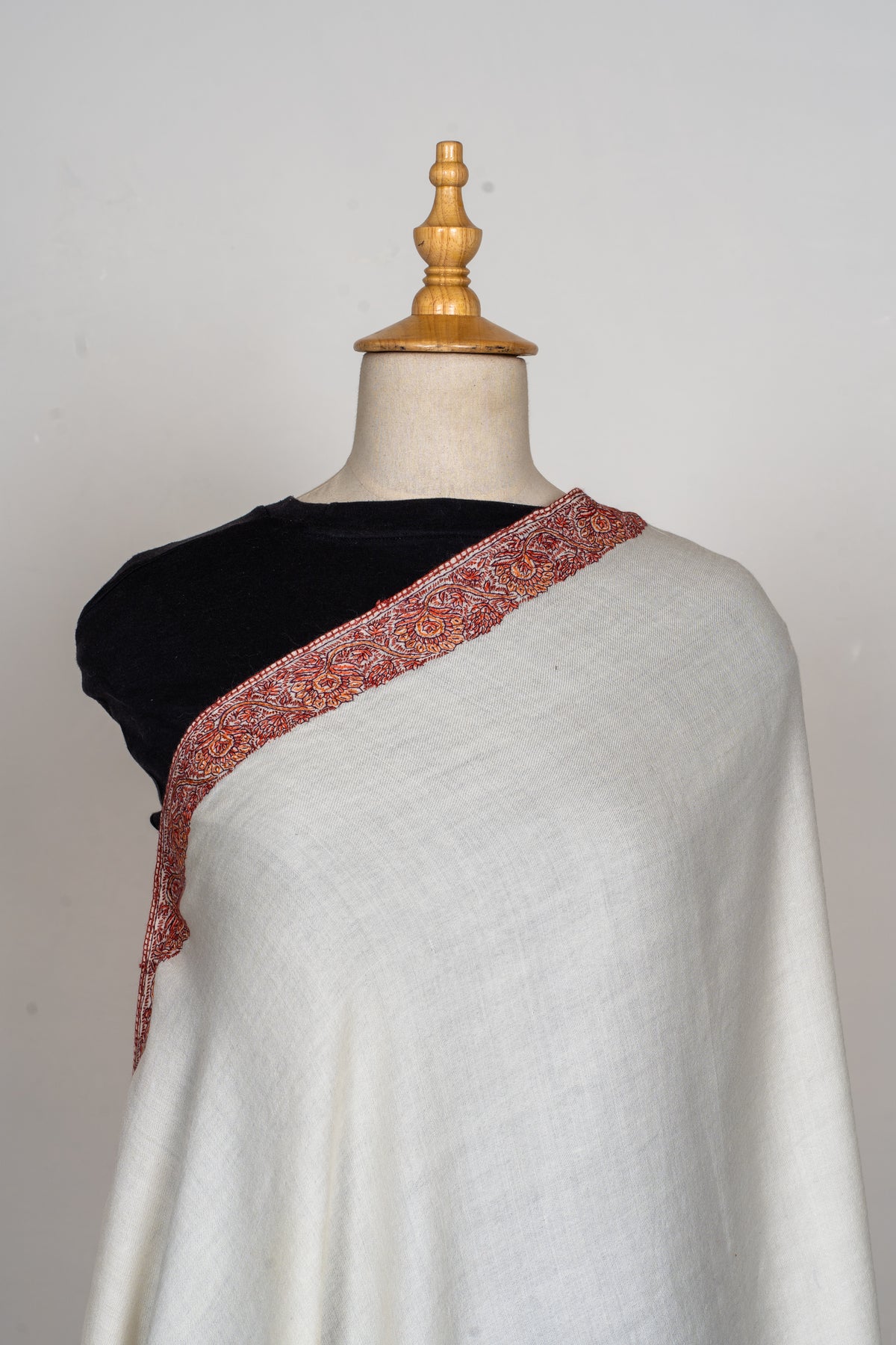 Sozni Hand Embroidered Merino Wool Shawl in Classic Ivory